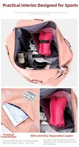 Detailed view of pink nylon travel bag featuring a dedicated wet and dry separation compartment