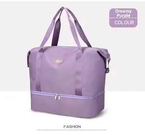 Detail view of dreamy purple travel bag with a waterproof fabric and separate bottom compartment