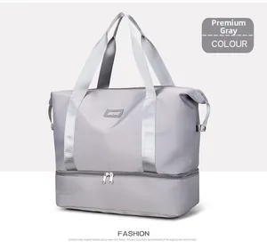 Detail of travel bag showing large capacity bottom zipper compartment for wet dry separation