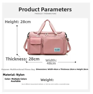 Borsone sportivo in nylon rosa, 48x28x28 cm, con diverse tasche funzionali con zip