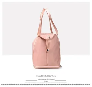 Side view of sweet pink travel bag featuring waterproof fabric and adjustable side buckle