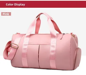 Pink waterproof nylon fitness bag with wet-dry separation shoe compartment and strap