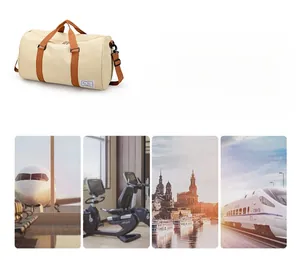 Detail view of beige canvas travel bag featuring durable handles and versatile usage scenes