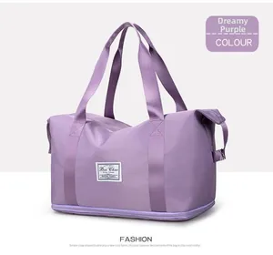 Macro shot of dreamy purple travel bag featuring waterproof fabric and bottom compartment