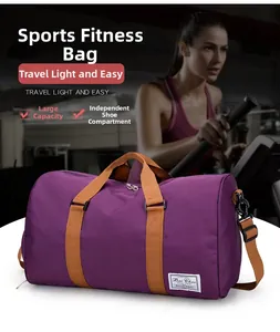 Detail of purple canvas travel bag featuring a dedicated side zippered shoe compartment