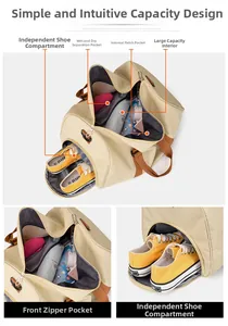 Detail of travel canvas bag showing separate shoe compartment and dry-wet storage area