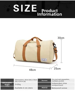 Waterproof canvas travel bag detail showing size 48x30x25cm and wet dry separation