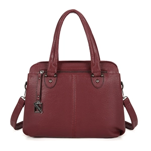 Burgundy faux leather handbag with litchi texture and detachable shoulder strap