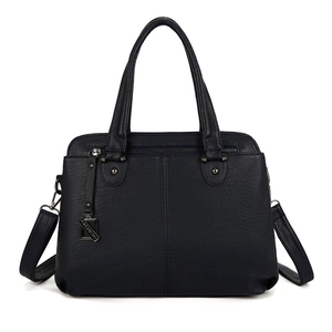 Dark blue pebbled leather handbag with top handles and adjustable crossbody strap