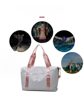 Detailed views of versatile light gray travel bag used for fitness, yoga, and swimming