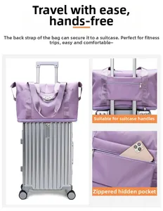 Purple travel bag detail showing luggage sleeve and back zipper pocket for phone