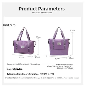 Detail showing dry-wet separation gym bag with expandable zipper layer dimensions