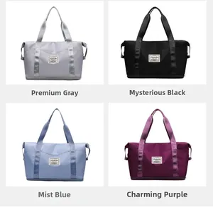 Collage of multi-color dry-wet separation gym bags in grey, black, blue, and purple