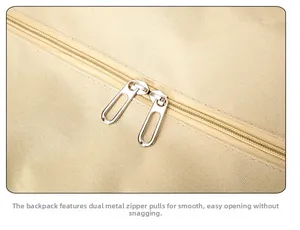 Macro detail of smooth dual silver metal zippers on durable beige canvas travel bag