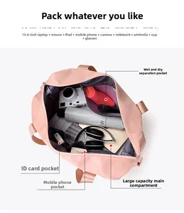 Large travel bag interior with wet-dry separation pockets for 15.6 inch laptop