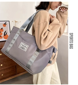 Close-up of grey-purple yoga sports bag showing durable nylon and thick woven straps