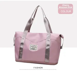Detail of cherry pink sports bag with bottom zipper expansion and waterproof nylon texture