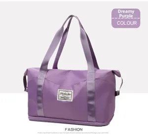 Macro detail of dream purple nylon sports bag featuring wide handles and brand label