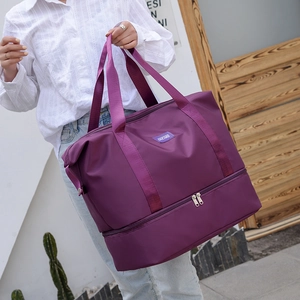 Bolso de viaje grande morado oscuro con compartimento para zapatos y separación seco