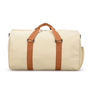 Large beige canvas travel bag with brown straps and side shoe compartment for fitness