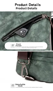 Détail du sac en cuir vert foncé montrant la texture grainée et les fermetures éclair