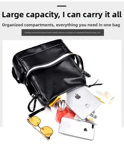 Vista dall'alto dello zaino in pelle PU nera con grande capacità per tablet e accessori
