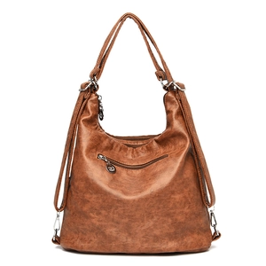 Brown vintage faux leather multifunctional shoulder bag with multi-strap design and front zip