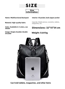 Dettaglio dello zaino nero in pelle PU con dimensioni 32x15x34cm e capacità di carico