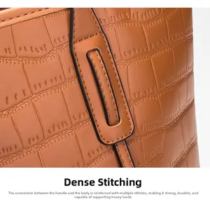 Close-up of precise stitching and crocodile texture on a brown shoulder handbag