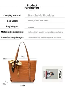 Brown crocodile texture tote bag showing dimensions 33x12x28cm with silk scarf handle