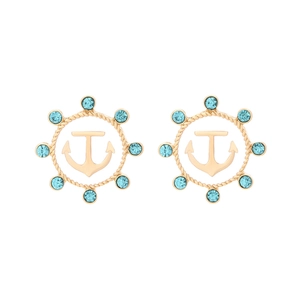 Golden nautical anchor stud earrings with blue rhinestones in a twisted rope circle