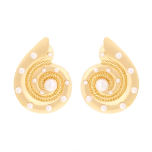 Exaggerated gold nautilus shell earrings with faux pearls for a luxury beach vacation look