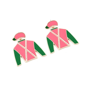 Boucles d'oreilles veste équestre rose et verte avec perles et bordure dorée