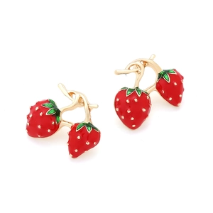 Chic gold-plated red strawberry drop earrings with colorful enamel and green leaf accents