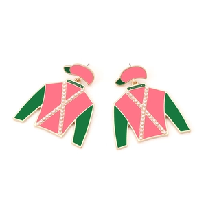 Détails de boucles d'oreilles en émail rose et vert style veste avec perles blanches