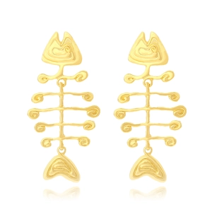 Fishbone Drop Earrings For Women Gold Tone Alloy Metal Long Statement Dangle Jewelry Retro Ocean Style
