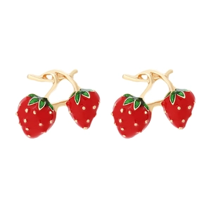 Fashionable strawberry earrings in red and green enamel with golden finish for women