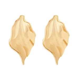 Modern long gold alloy leaf earrings with a polished metallic crinkled design