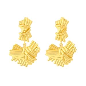 Vintage golden textured heart earrings with stacked vertical lines and retro metallic finish