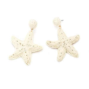 Handmade raffia starfish earrings with woven texture for a bohemian summer beach style