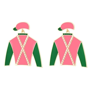 Boucles d'oreilles veste de jockey rose et verte avec perles sur alliage doré