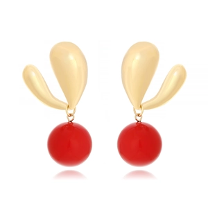 Minimalist red cherry resin drop earrings with gold leaves on a white background