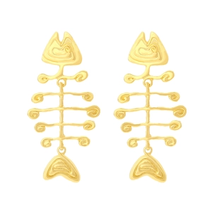 Chic gold-tone fishbone drop earrings with long metal structure and vintage sea style