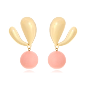 Minimalist gold stream earrings with matte pink resin spheres on white background