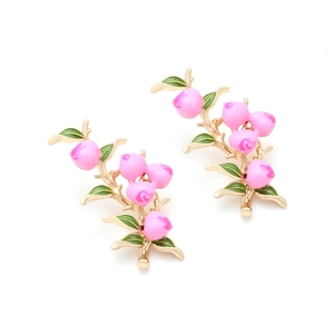 Pastel pink peach branch enamel earrings with green leaves and gold-plated alloy finish