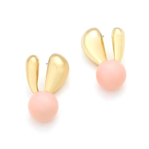 Close-up of pink round bead bunny earrings with elegant gold bunny ear stud accents