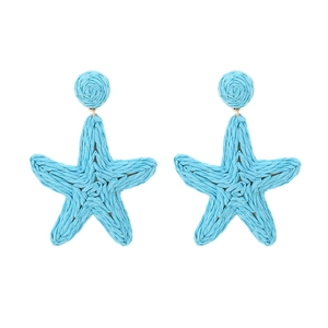 Handmade raffia starfish drop earrings in sky blue with golden metal connections