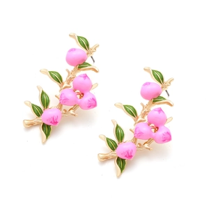 Pastoral style peach branch earrings with pink enamel fruit and green leaves in gold
