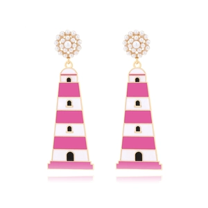 Lighthouse Pendant Earrings With Faux Artificial Pearl And Enamel Drip Oil Colorful Cartoon Ocean Style Alloy Jewelry