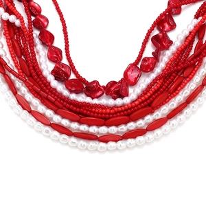 Multilayer baroque pearl and red beaded necklace with bold tiered design for women